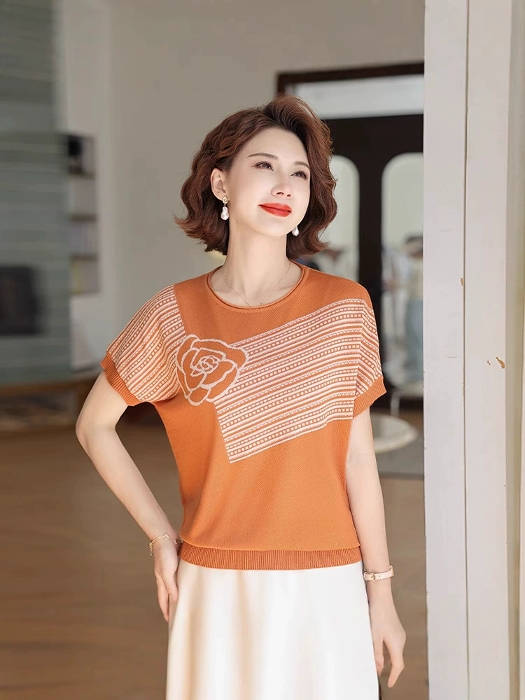 Мама мода вязаная рубашка летучей мыши Tsyls топ новый средний и пожилой летний короткий рукав футболка свободная рубашка с круглым вырезом