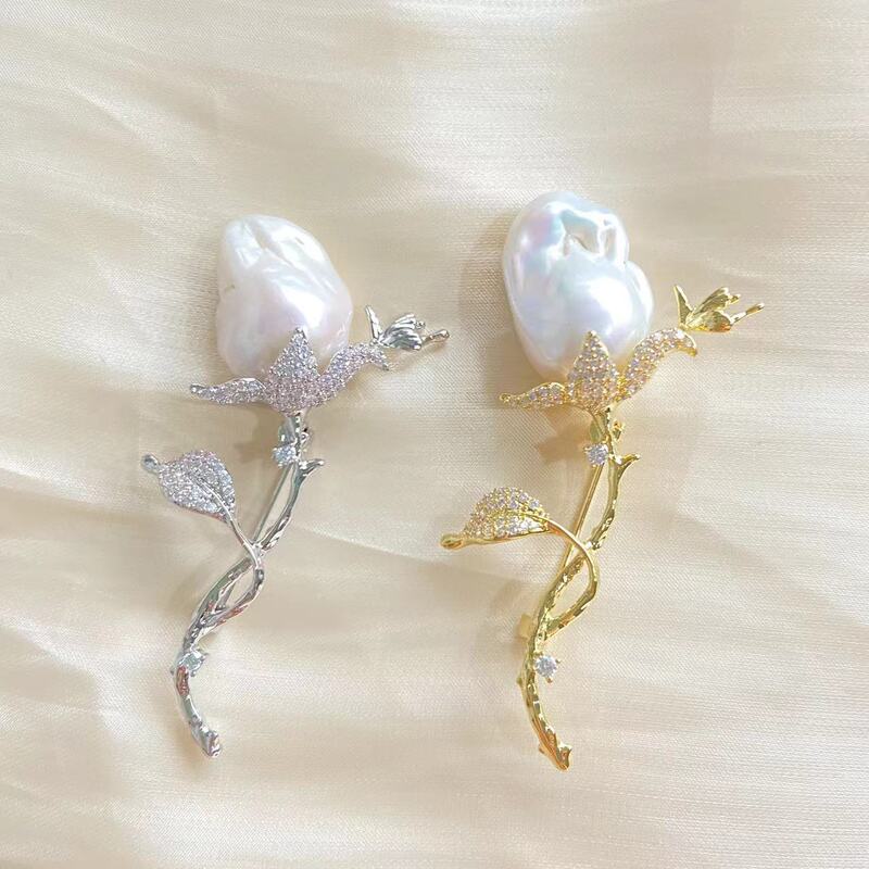 Natural Baroque Pearl Corsage Elegant Rose Brooch Copper Inlaid Zircon Brooch Shirt Fashion All-Match