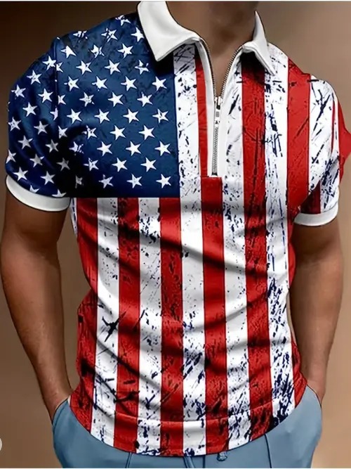 2025 nuevo estilo europeo y americano transfronterizo Amazon casual todo-fósforo patrón de bandera de manga corta cremallera camisa POLO MB13