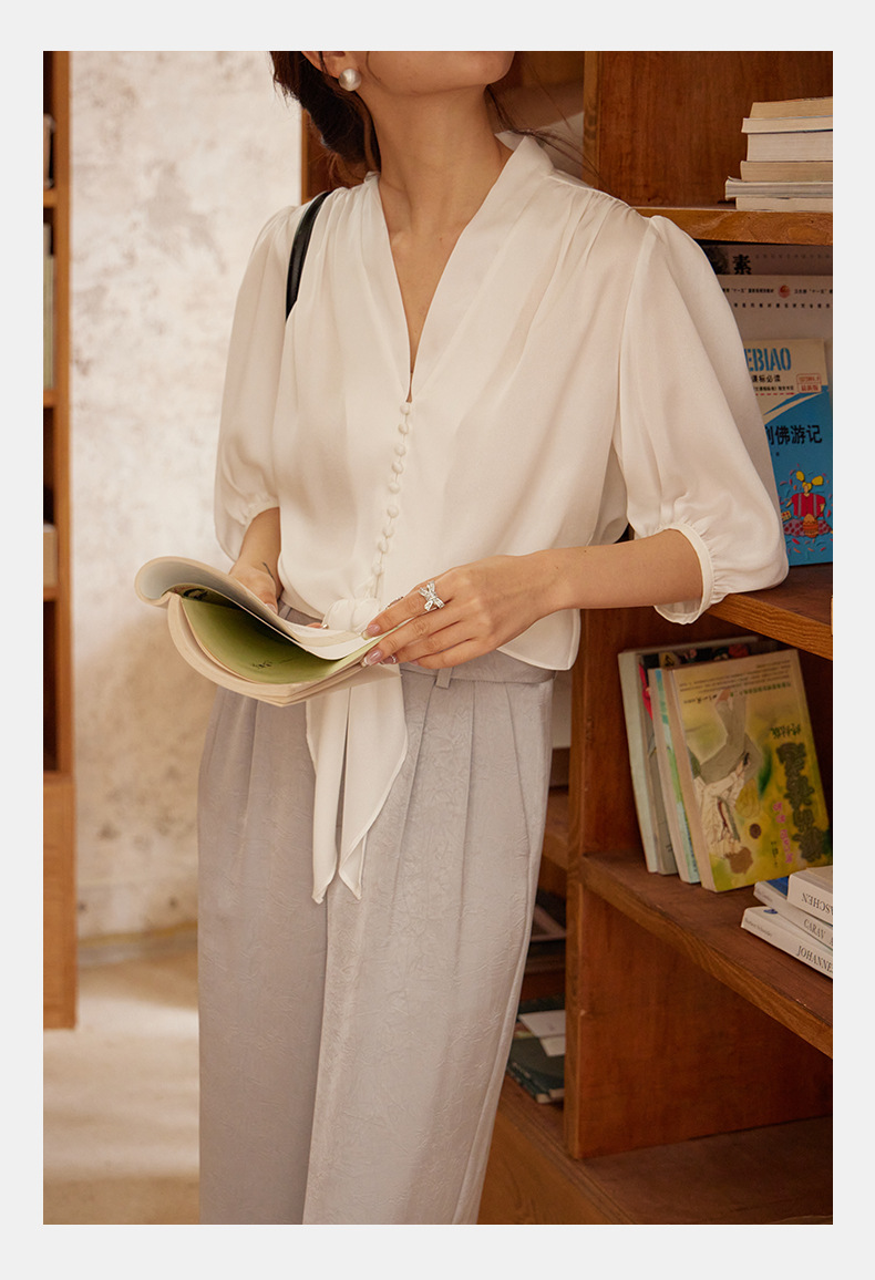 起范2024夏季新品法式知性优雅V领女士衬衫宽松显瘦缎面衬衣82911 pic 21