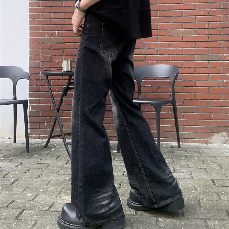 American retro gradiente lavado skinny jeans moda de los hombres de moda tie-teñido cintura alta suelta pierna ancha pantalones largos de moda