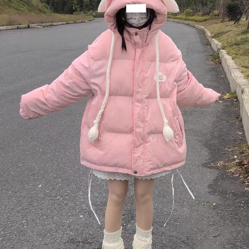 秋冬新款可爱会动兔耳朵设计感小众连帽棉衣加厚面包服潮日系外套