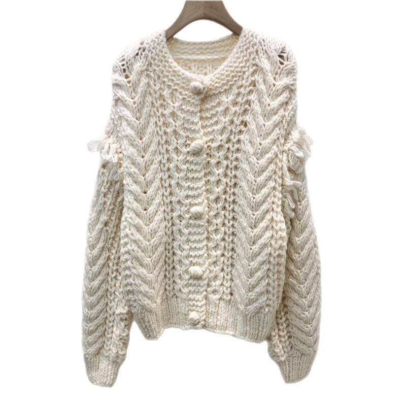 Productos europeos retrógrados franceses mano gruesa aguja de cuello redondo torsión jersey cardigán chaqueta tridimensional suéter con bordas chaqueta image 5