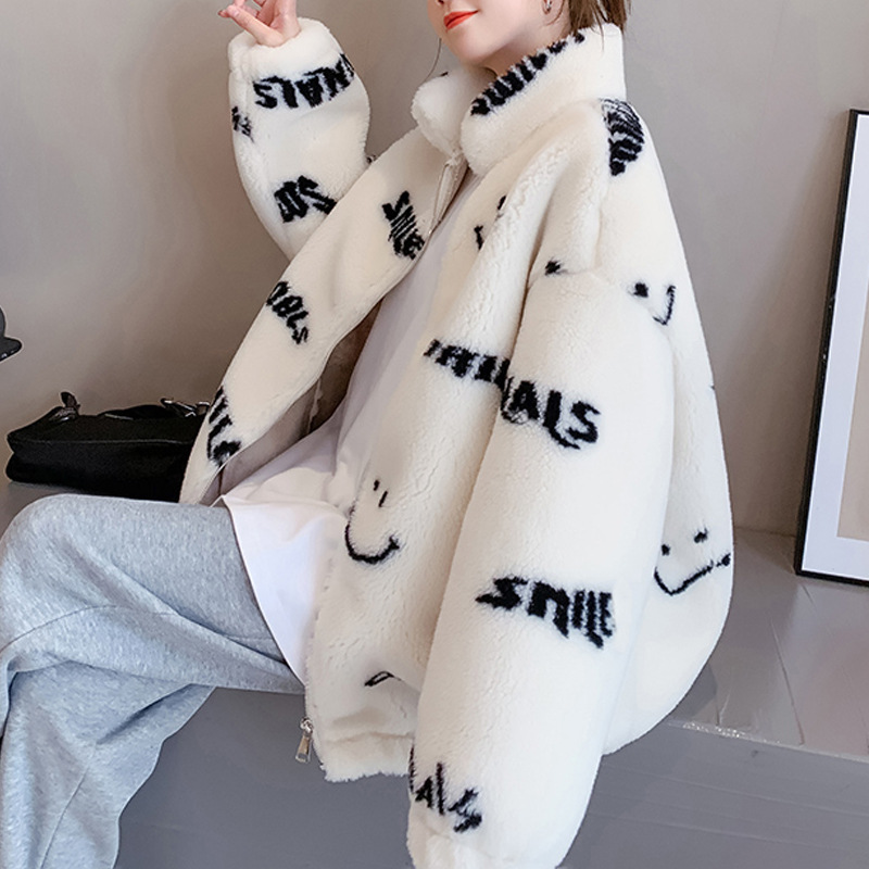 字母笑脸羊羔毛外套女2020新款冬年轻款羊剪绒大衣颗粒绒皮毛一体|ms