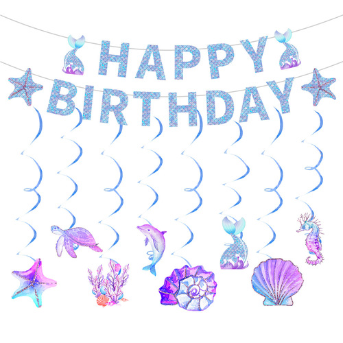 Cross-border mermaid birthday flag starfish conch turtle spiral ornament summer party background layout banner