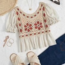 针织雪纺蕾丝套头短袖刺绣镂空女装上衣夏季薄款波西米亚民族风