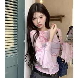秋季新款辣妹性感修身短款上衣服时尚扎染透视网纱喇叭长袖T恤女