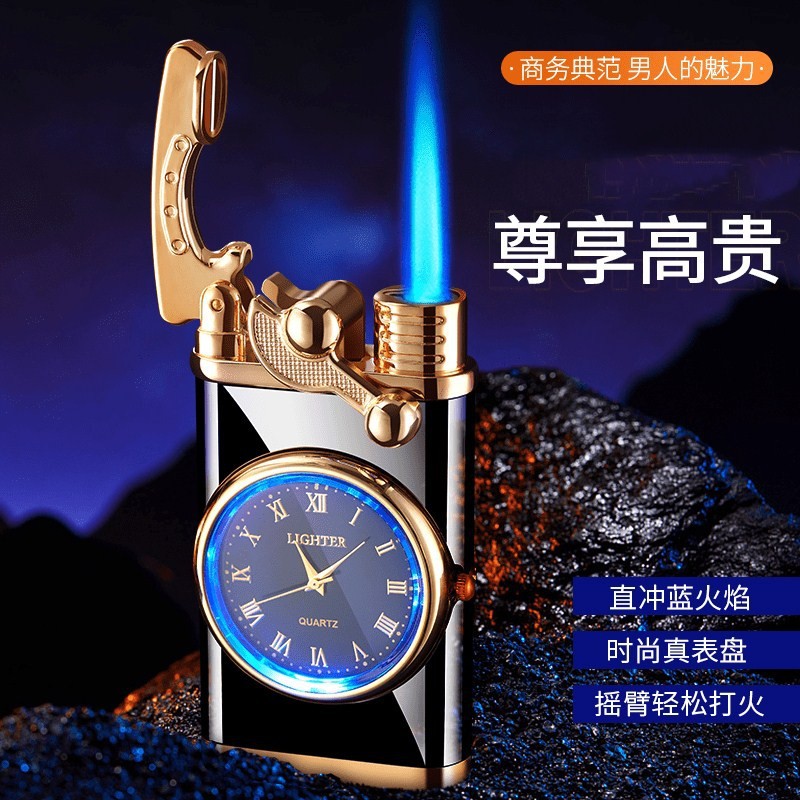 新款抖音网红真手表蓝灯直冲打火机金属防风蓝焰充气logo刻字批发|ms