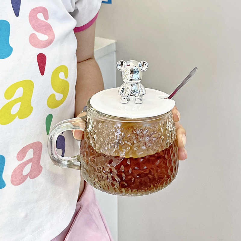 Little Bear Cup High Color Value Glass Water Cup Girls High Color Value Mug with Lid and Spoon Breakfast Cup Wholesale Little Bear Cup High Color Value Glass Water Cup Girls High Color Value Mug with Lid and Spoon Breakfast Cup Wholesale