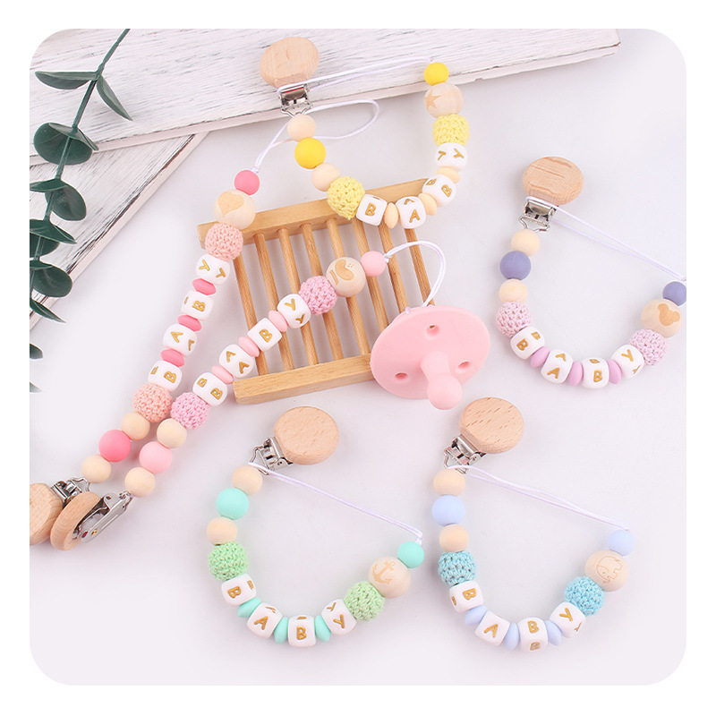 Productos para bebés abrazadera de tetina plana redonda de beech letras de silicona nombre de bebé DIY calmar tetina cadena de prevención de caída cadena