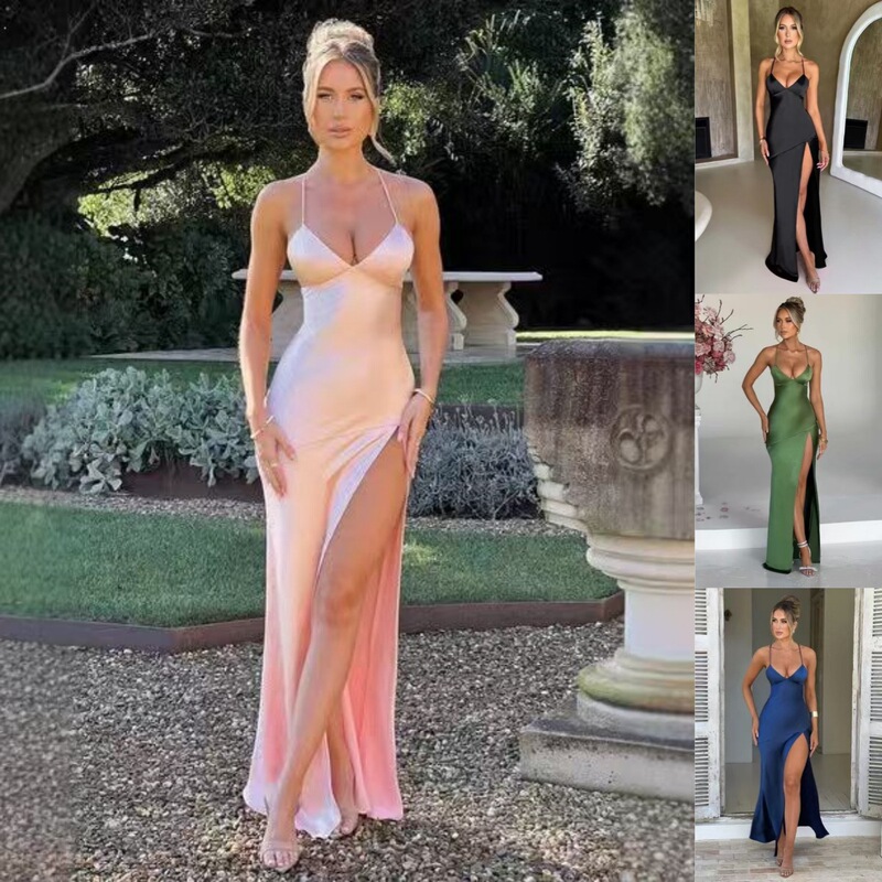 2026 new European and American women's cross-border sleeveless V-neck satin slit sexy backless long dress gown for autumn 2026 new European and American women's cross-border sleeveless V-neck satin slit sexy backless long dress gown for autumn