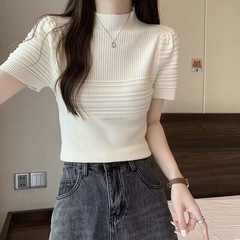 氷爽糸春夏半高襟ニット半袖tシャツ女性フランス風甘辛洋気修身泡袖外着上着