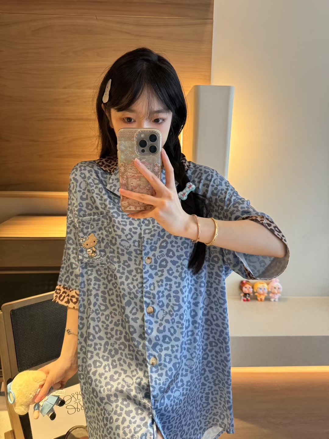 표범 무늬 고양이 블루 셔츠 드레스