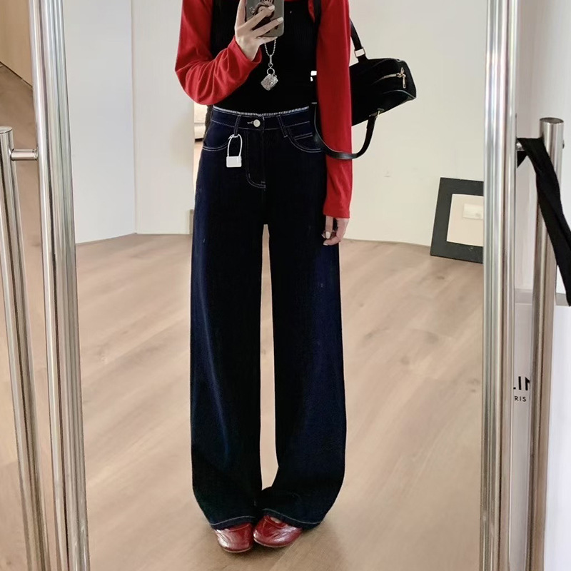 X7608秋季新款高腰跨境裤子女士拖地牛仔裤 抖音直筒垂感阔腿韩版|undefined