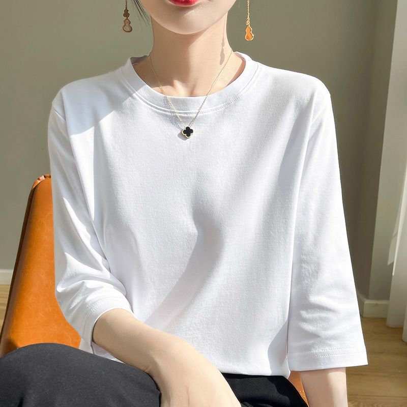 mercerized cotton T-shirt women's three-point sleeve loose round neck 2025 summer latest foreign-style all-match bottoming top mercerized cotton T-shirt women's three-point sleeve loose round neck 2025 summer latest foreign-style all-match bottoming top