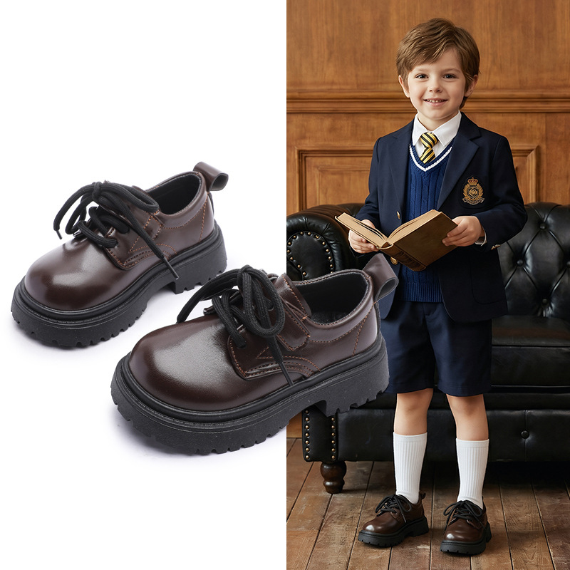 Boys' Genuine Leather Shoes, Children's Black British Style, Primary School Students, Spring, Autumn, Summer New Style, Hollow-Out, Big Kids' Performance Wide-Toe
