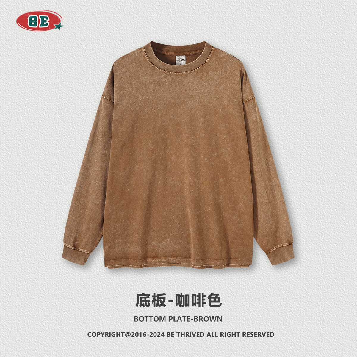 BE ropa de hombre | Camiseta Retro de Manga Larga para Hombre, Estilo Americano, Lavada, Estampada, con Diseño de Frijol M Invertido, de Algodón Puro, Desgastada, Primavera-Otoño 2025