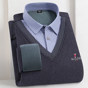 Autumn and Winter Men's fleece-lined Thickened Fake Two-piece Shirt V-neck Warm Pullover Sweater Base-layer Sweater Sweater Sweater