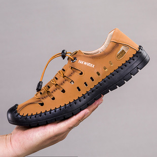 2024 New Summer Sandals Men's Casual Fashion All-match Men's Leather Shoes Breathable Soft Bottom Hollow Simple Men's Shoes