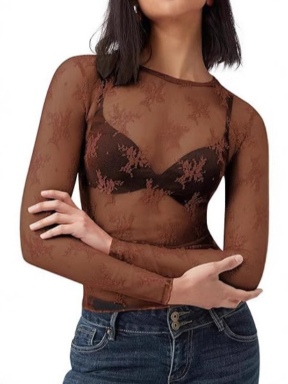 Wish Amazon European and American Foreign Trade Mesh Transparent Lace Long-Sleeved Top for Women Party See-Through T-Shirt Blouse Wish Amazon European and American Foreign Trade Mesh Transparent Lace Long-Sleeved Top for Women Party See-Through T-Shirt Blouse