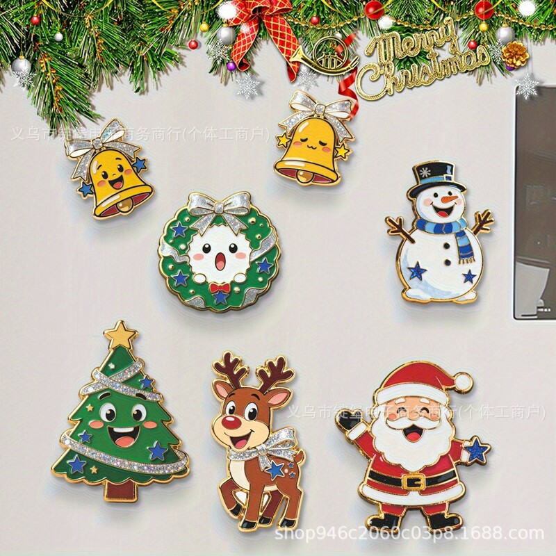 7-Piece Set of Christmas Refrigerator Magnets, Including High-Definition Images of Santa Claus, Christmas Trees, Snowmen, Reindeer, and Bells