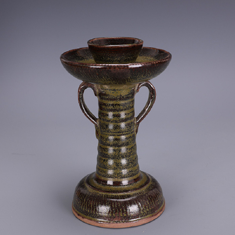 Song Dynasty Yue Kiln Tea Leaf Glaze Double-Light Oil Lamp Candlestick Antique Vintage Old-Fashioned Porcelain Collectible Ornament