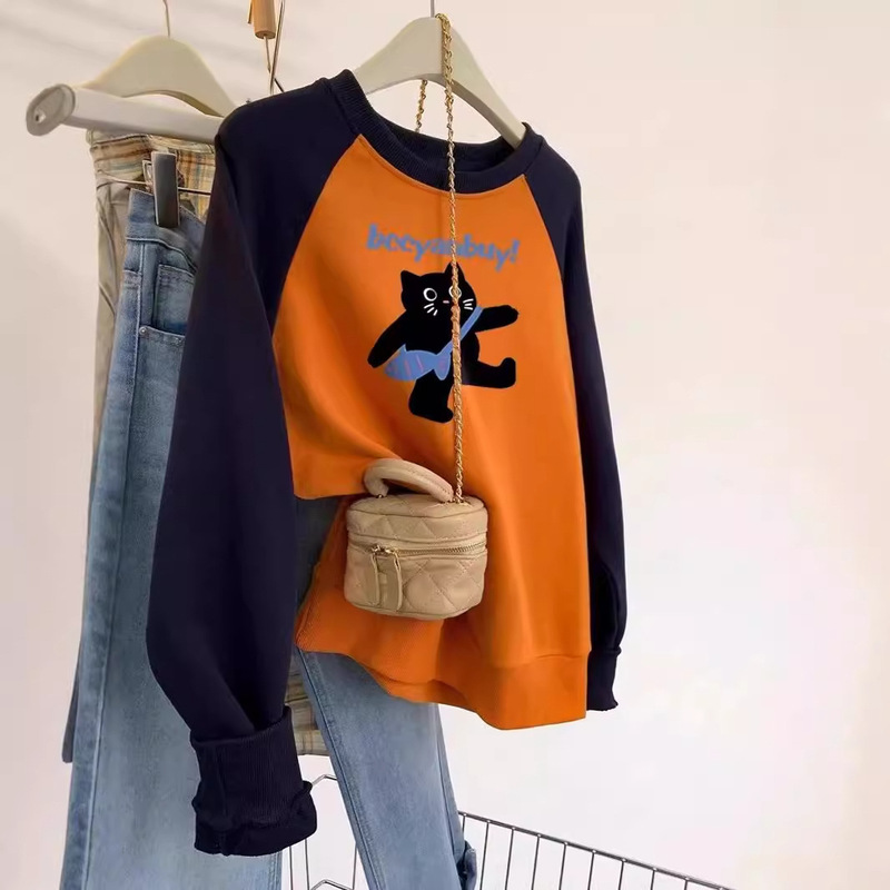 Contrast Raglan Sleeve Crewneck Hoodie Women's Spring and Autumn 2024 New American Style Autumn and Winter Loose Long Sleeve Top