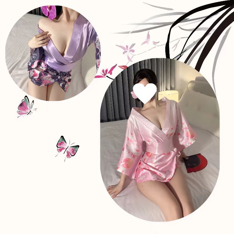 Japanese Kimono Cosplay Lingerie Set with Pink Robe and Body Stocking, Polyester, One Size — detail image 4