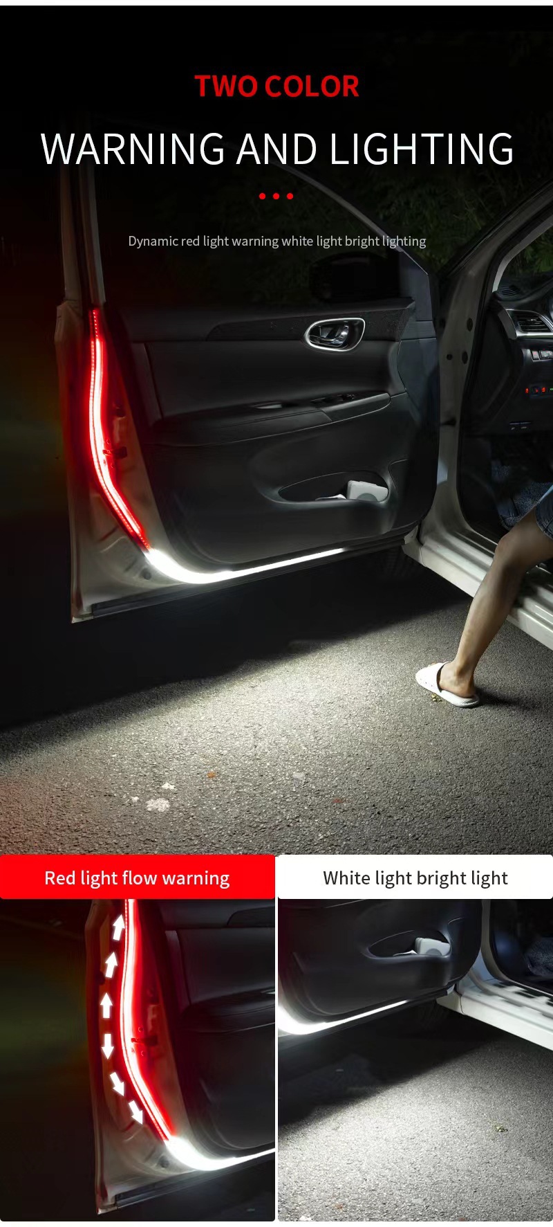 Cross-border explosions 12v car door running water scanning led light bar magic red white light anti-collision warning light flash