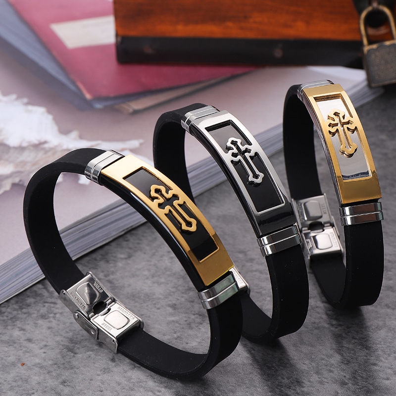 Europe and the United States cross-border source manufacturers wholesale silicone men's stainless steel hollow cross bracelet a generation of hair