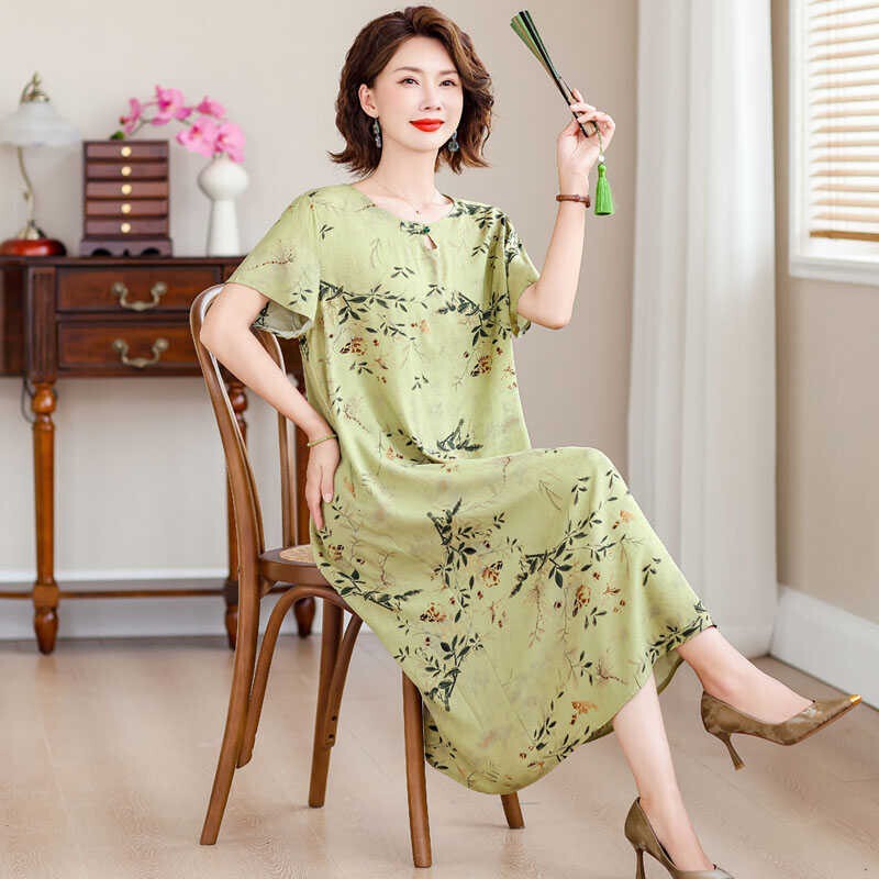 High-End Elegant Cotton Silk Dress for Middle-Aged and Elderly Women, 2026 Summer New Stylish Floral Mom's Hanfu National Style Dress