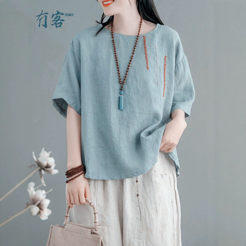 Cotton and Linen Short-Sleeved T-Shirt for Women, Plus Size, Belly-Covering, Fashionable and Stylish Summer Wear for Moms, High-End Ramie and Linen Half-Sleeved Top