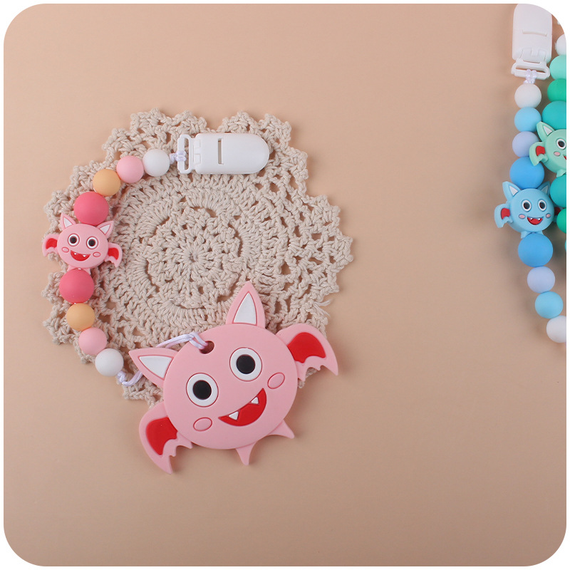 Nuevo bebé suministros de dibujos animados animal murciélago chupete cadena calmante bebé cuentas de silicona mordedura molar cadena anti-gota