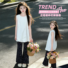 女童夏季无袖套装高级感2026新款女孩大童韩系花苞上衣夏装喇叭裤