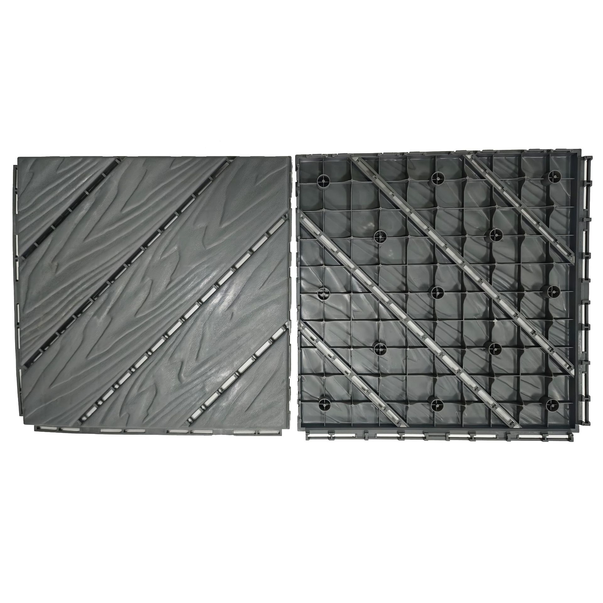 Los dos lados están abrochados oblicuamente y el suelo de empalme de grano de madera es negro y gris.