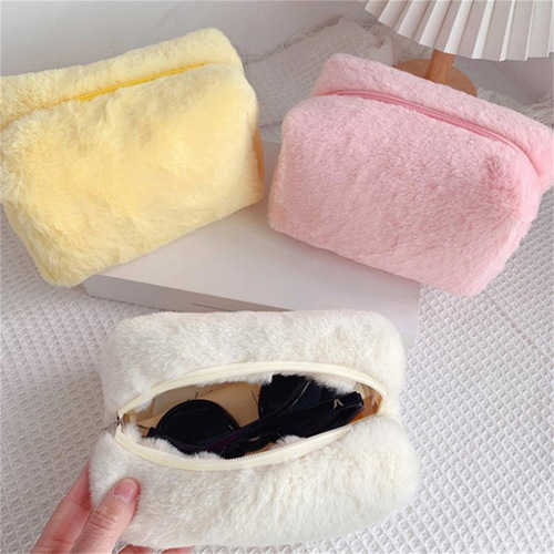 Plush Storage Bag, Macaron Color Portable Sweet Pen Bag, Large Capacity Makeup Bag, Student Stationery Storage Bag