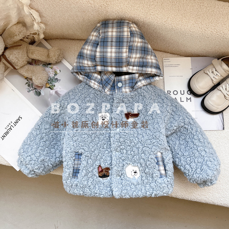 2025 Winter New Style Boys' Korean Style Casual Cotton-padded Jacket, Children's Baby Fur-lined Plaid Hat, Quilted Jacket
