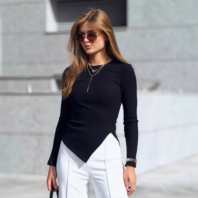 Amazon Ozon Quick Delivery Wb Street Style Slim Ribbed Sweater Long-Sleeve T-Shirt Slimming European and American Style