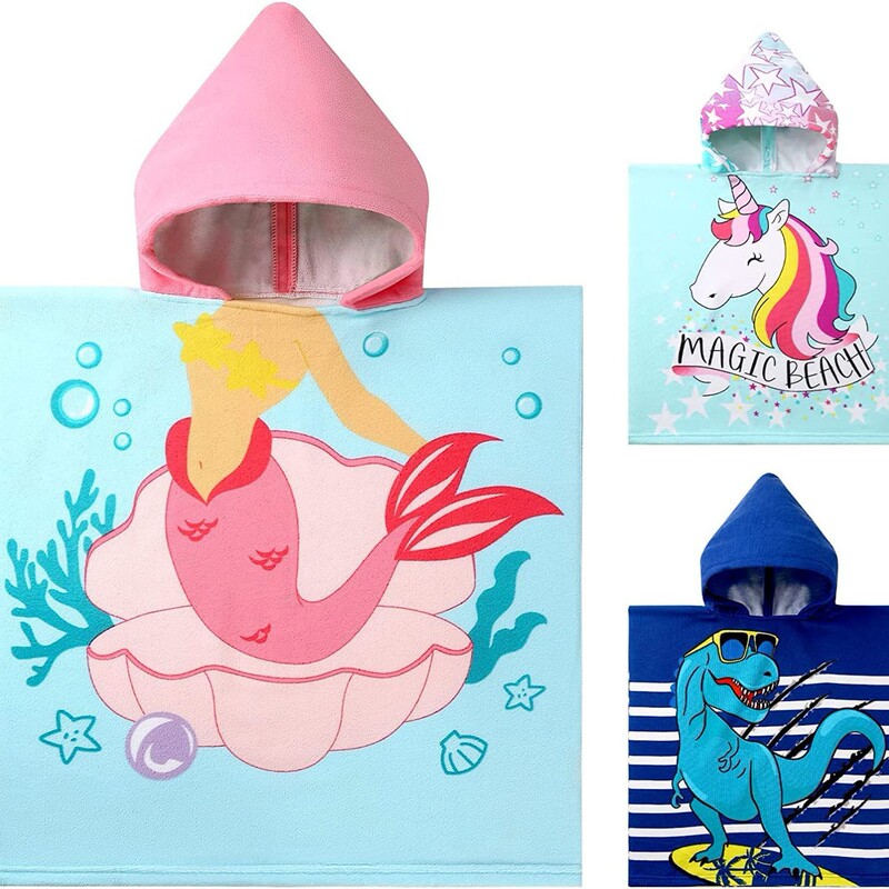 Children's Cartoon Microfiber Quick-Drying Poncho Cloak Beach Hooded Bathrobe Swimming Loose Bath Towel Customization