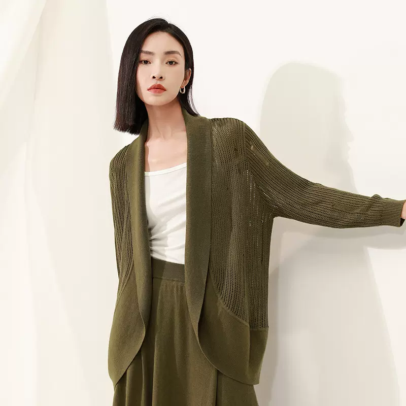 羊毛女装挖孔设计2025秋冬季新款宽松大码针织开衫外搭毛衣女外套