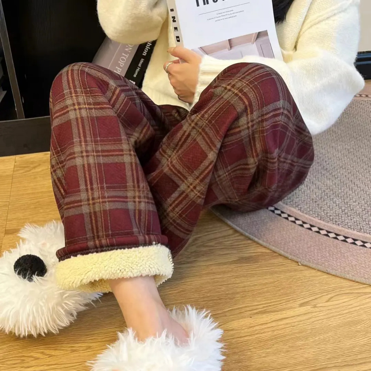 [Agregue fertilizante y aumente] Pantalones a cuadros de terciopelo de cordero grueso en invierno, pantalones casuales cálidos de cintura alta para mujer