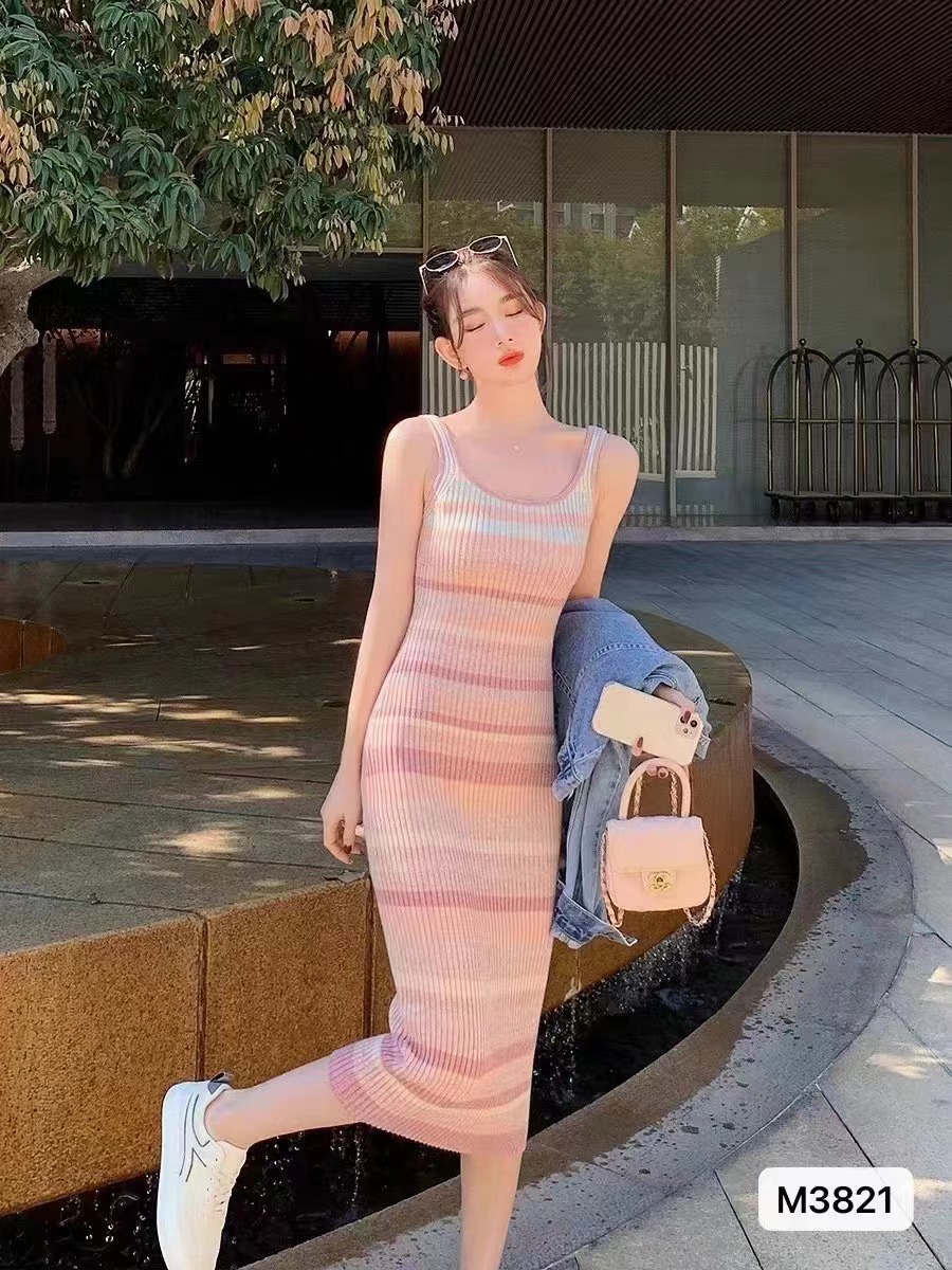 Rainbow striped sleeveless vest dress su...