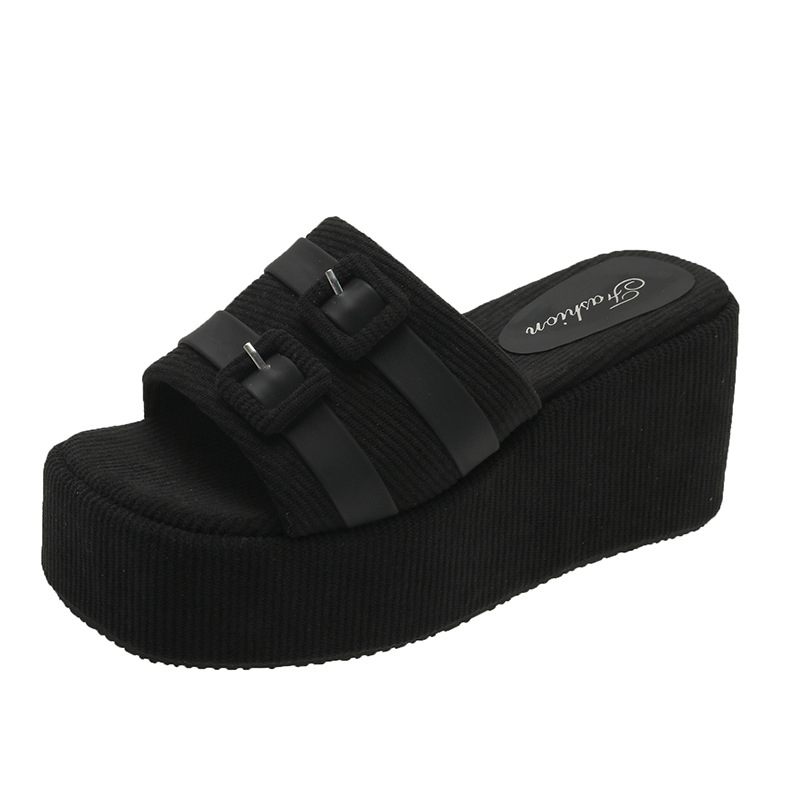 Wedge slippers for women's outer wear 2024 summer new belt buckle Internet celebrity versatile non-slip thick sole slip-on large size wholesale_voghion.com