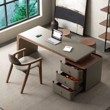 意式极简马鞍皮书桌轻奢现代高级感书房办公桌家用轻奢实木电脑桌
