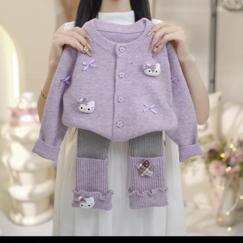 女童毛衣开衫套装春秋2025新款儿童卡通秋装女孩针织打底裤两件套|undefined