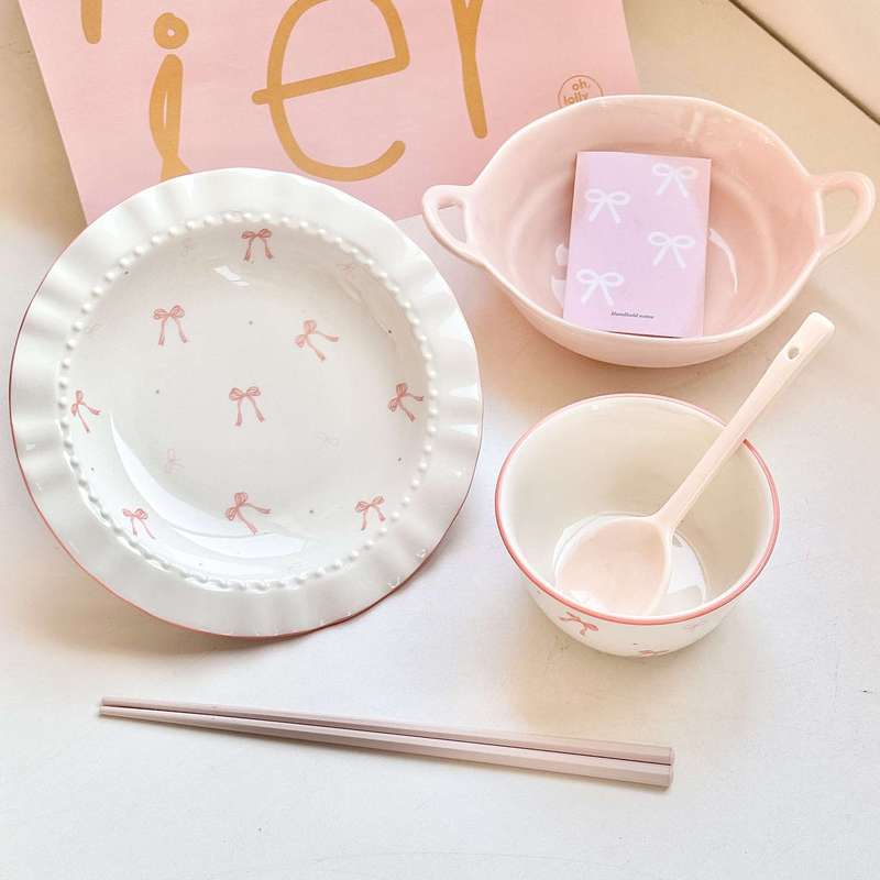 粉色ins风蝴蝶结陶瓷餐具套装面碗家用饭碗盘子釉下彩好看少女心|undefined
