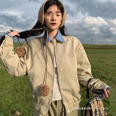 秋季穿搭复古格子拼秋外套女女5新短装夹克衣春秋卡其色雪尼尔