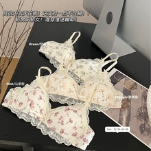 新款碎花蕾丝三角杯内衣小胸聚拢平胸不空杯美背透气聚拢纯欲文胸