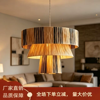 中古风餐厅吊灯复古拉菲草设计师个性广东中山吧台客厅饭厅餐桌灯