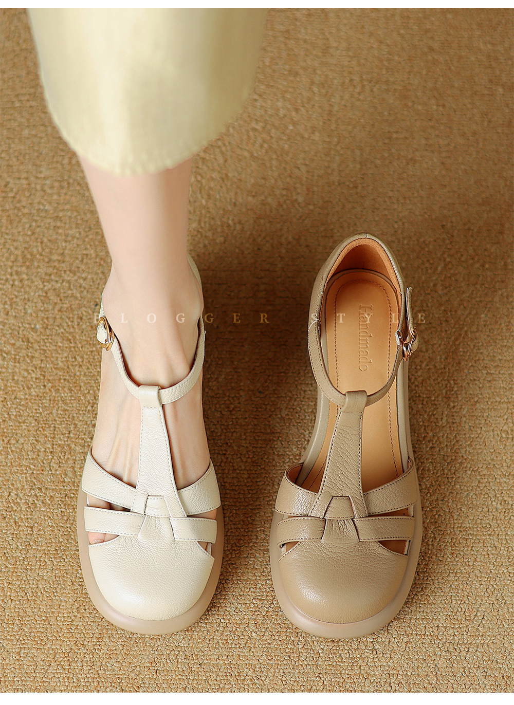 Sandal Mary Jane nữ đế dày gót vuông mũi tròn dệt kiểu La Mã — Màu trắng nhạt chi tiết 7